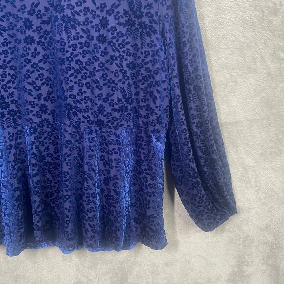ModCloth Top 2X Blue Burnout‎ Velvet V- Neck Long Sleeve Floral Stretch Tunic - Picture 10 of 14